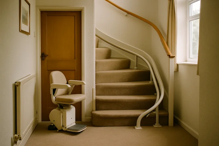 A curved staircase with a stairlift fitted, the most common type in Edinburgh