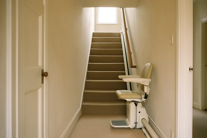 A straight staircase with a stairlift fitted, the most common type in Luton