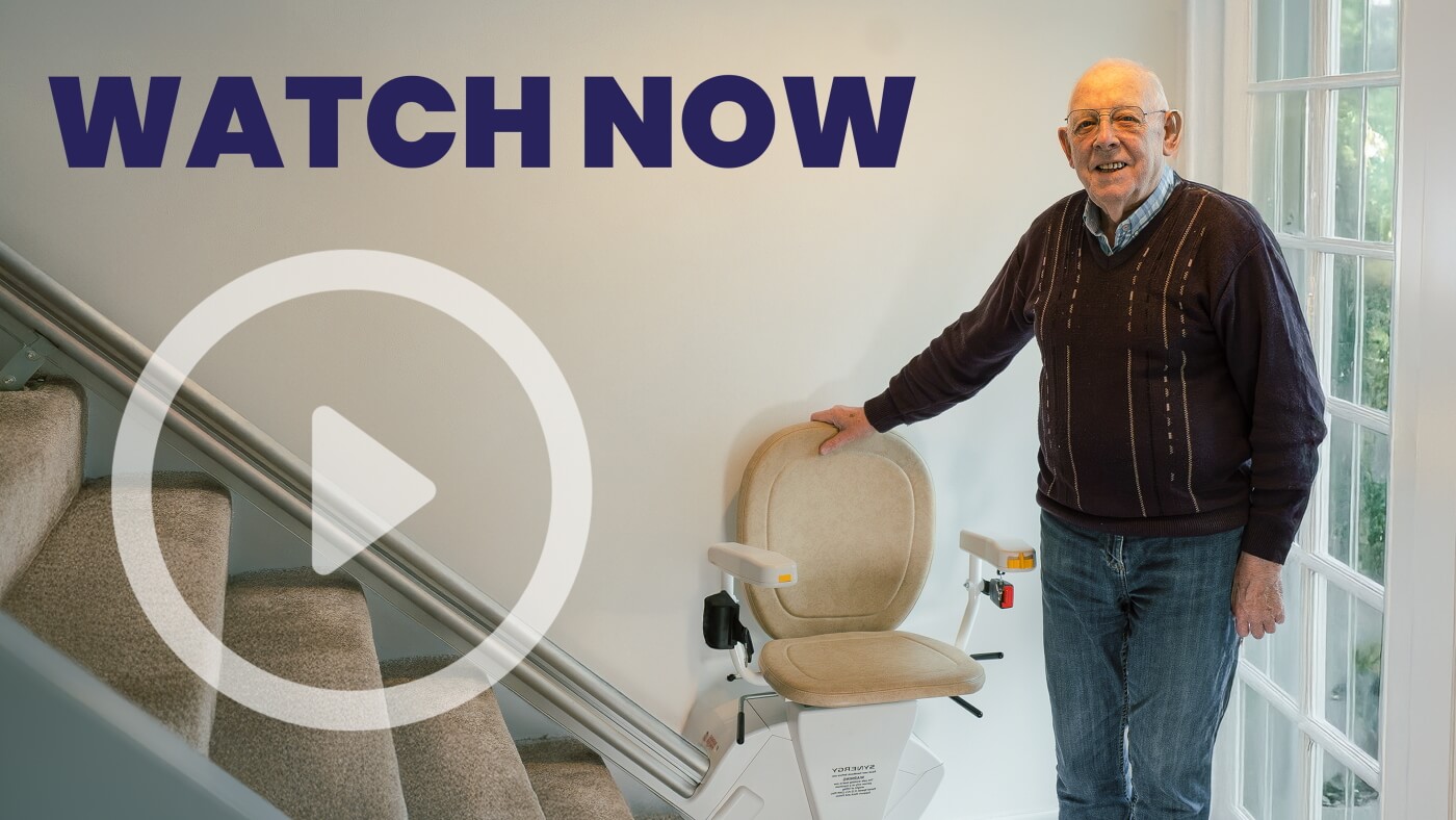 Video thumbnail showing a happy senior using a stairlift