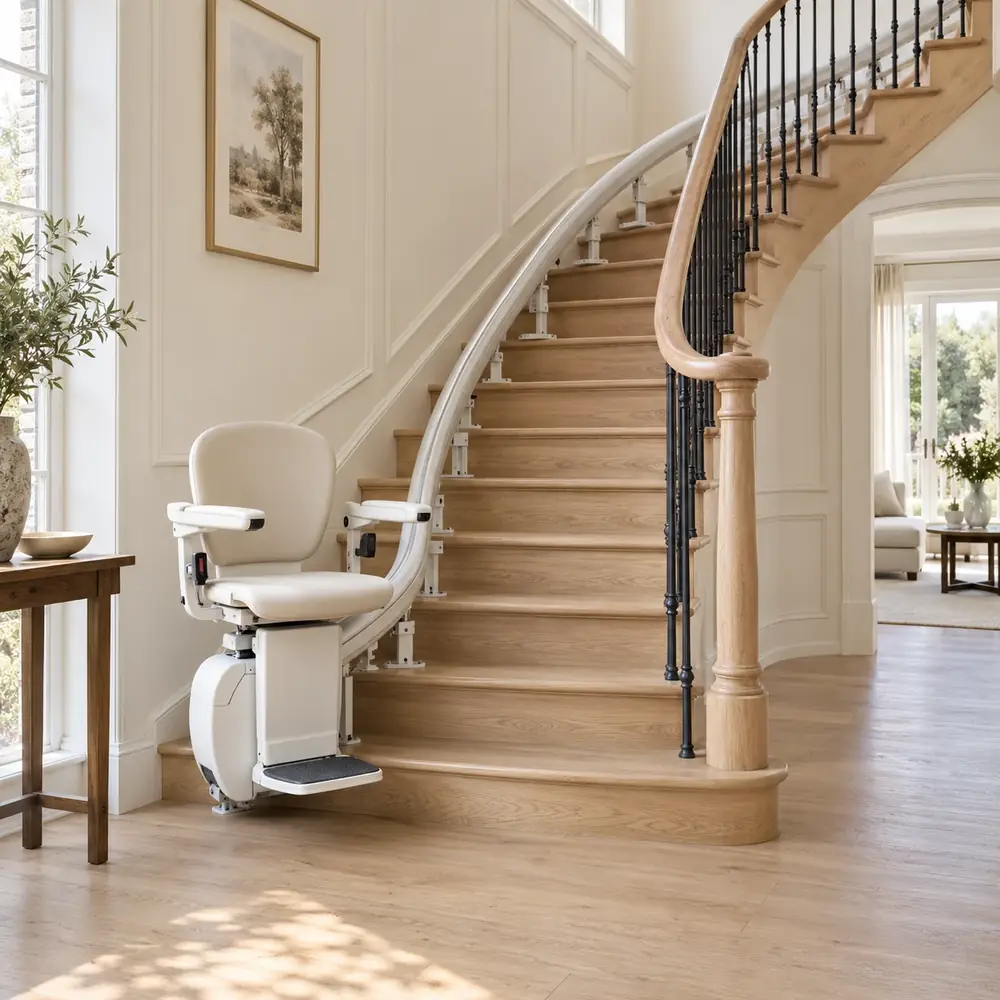 A curved stairlift on a staircase that bends, the rail following the turn of the stairs around the corner