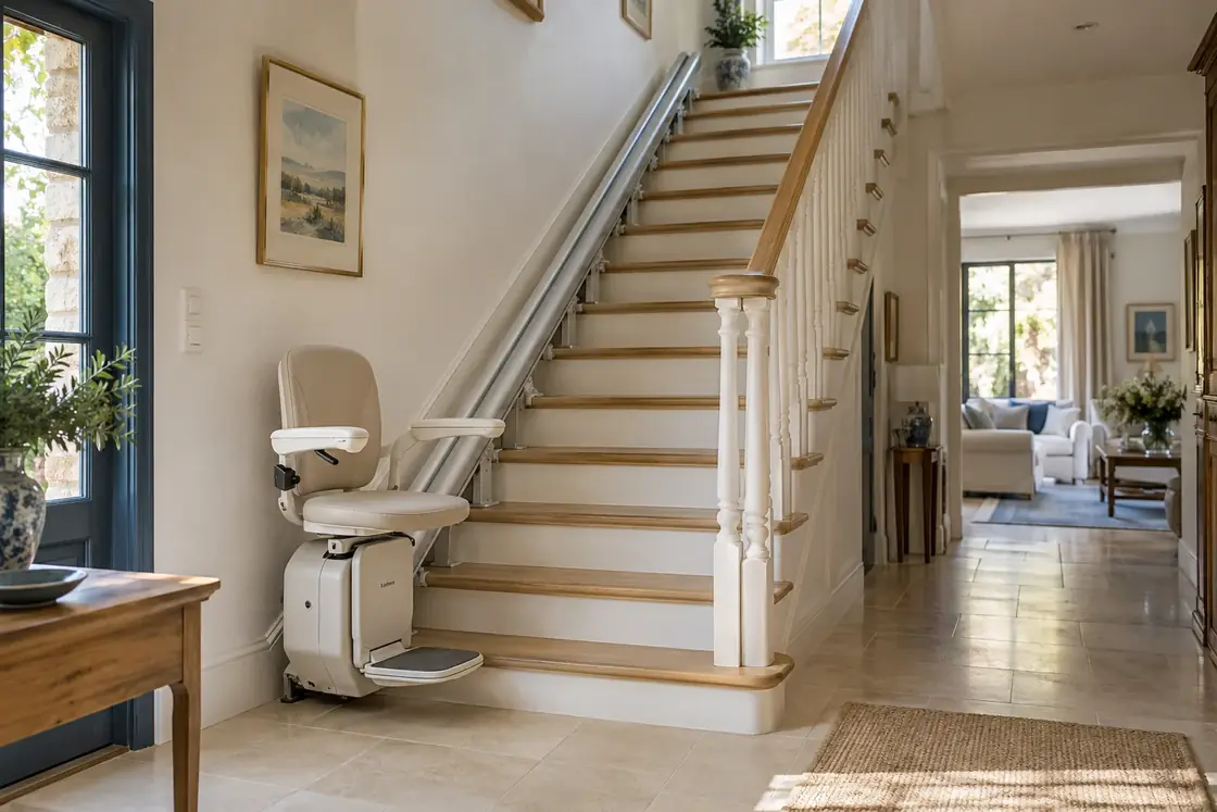 A straight stairlift fitted to a single unbroken flight of stairs, the rail running in one line from bottom to top